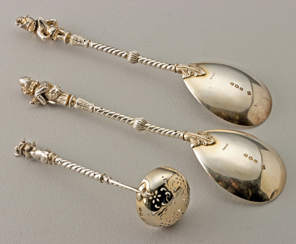 Antique Silver Figural Punch & Judy Spoon Set (2 Serving Spoons and Sifter Ladle)